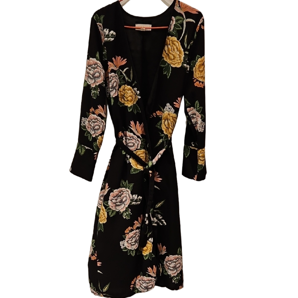 LUNA MOON Kimono Duster Robe Dress Black Floral Belted Women's Medium